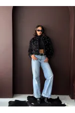 Topshow - Veste bomber en fausse fourrure (vente en gros) - Détails perles - Noire