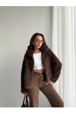 Women's Faux Fur Jacket – Zippered, Soft Textured Modern Winter Coat - DARK BROWN