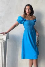 Gipeli Kayık Yaka Keten Elbise - Koyu Mavi | Topshow