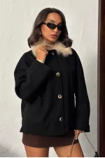 Manteau en cachemire à col peluche et boutons Topshow - Noir | F2048