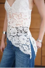 Blouse brodée à bretelles - Crème | D2965 - Topshow