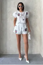 Nakışlı Vual Şort - Krem - D2882 | Topshow