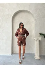 Kemer Detaylı Nakışlı Keten Şort - Kahve | Topshow