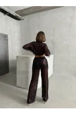 Pullu Tül Toptan Pantolon - Siyah Bordo | TOPSHOW | F1611