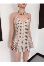 D3003  PUANTİYELİ ASKILI MİNİ ELBİSE - TAŞ KAHVE