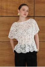 Waistband Embroidered Wholesale Blouse - Cream | D2966 - Topshow