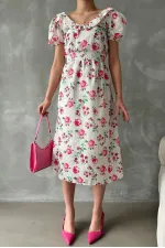 Topshow Fuchsia Embroidery Detailed Patterned Wholesale Dress