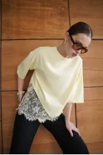 T-shirt asymétrique à détails en dentelle - Jaune | D2953 - Topshow