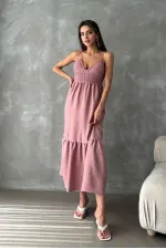 Topshow Powder Linen Strap V-Neck Full Length Wholesale Dress