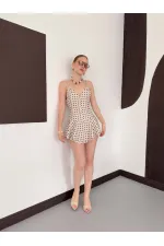 D3003  PUANTİYELİ ASKILI MİNİ ELBİSE - TAŞ KAHVE