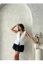 Chemisier en voile brodé avec lien à nouer sur le devant - Crème | Topshow