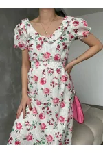 Topshow Fuchsia Embroidery Detailed Patterned Wholesale Dress