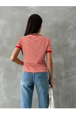 Topshow Oranj Kırmızı Nakışlı Çizgili Toptan Tişört