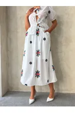 Nakışlı Vual Etek - Krem - D2879 | Topshow