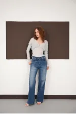 V Neck Guipure Wholesale Blouse - Blue | F2093 - Topshow