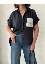 Chemise en lin noir brut Topshow avec poche appliquée et poche appliquée - Vente en gros