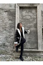 Deri Kürklü Toptan Mont - Siyah Krem | TOPSHOW | F1537