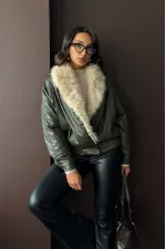 Yakası Kürklü Kruvaze Deri Mont - Haki