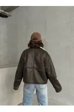 Manteau à col en fourrure nubuck en gros - Crème kaki | TOPSHOW | F1553