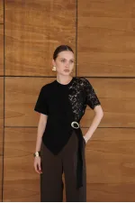 Blouse brodée à la taille en gros - Noire | D2966 - Topshow