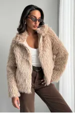 Faux Fur Women's Jacket – Zippered, Soft Textured Modern Winter Coat - STONE