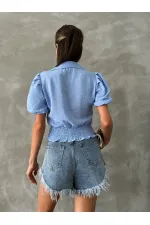 Topshow Mavi Göğsü Çiçekli Keten Toptan Gömlek