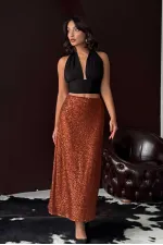 Topshow Brown Sequined Long Skirt - High Waist, Elegant Evening Dress Combination