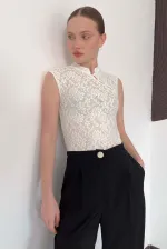 D 2997 KOLSUZ DANTEL BLUZ - KREM