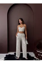 Topshow - Wholesale Sequined Wide Leg Women's Trousers - Stylish Night Outfit - Stone
