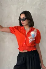 Topshow Orange Floral Chest Linen Wholesale Shirt