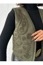 Topshow - Gilet en daim brodé en gros - Élégance style western - Kaki