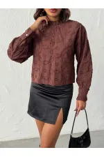 Topshow - Wholesale Embroidered Long Sleeve Women's Blouse - Stylish and Modern - Brown