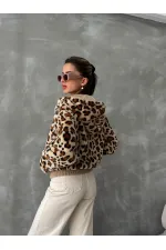 Leopar Bakılı Peluj Toptan Mont - Koyu Taş Leopar | TOPSHOW | F1650