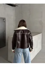 Manteau zippé en cuir laminé - Crème café | TOPSHOW | F1511