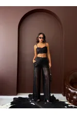 Topshow - Wholesale Sequined Wide Leg Women's Trousers - Stylish Night Outfit - Black