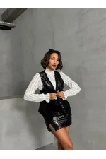 Pullu Toptan Yelek - Siyah Gümüş | TOPSHOW | F1750