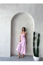 Robe longue en lin à bretelles et col en V - Rose | Topshow