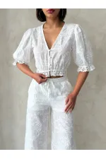 Wholesale Cream Blouse with Embroidered Scallop Detail | Topshow