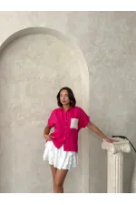 Topshow Fuşya Keten Ham Cep Aplik Cepli Keten Toptan Gömlek