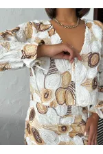 Topshow Wholesale V-Neck Patterned Long Sleeve Blouse – Brown | F1965