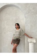 Topshow Emerald Mesh Bottom Pompom Wholesale Blouse