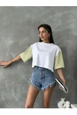 Topshow Fıstık Yeşili Çizgili Poplin Kollu Toptan T-Shirt