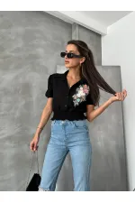 Topshow Black Floral Chest Linen Wholesale Shirt