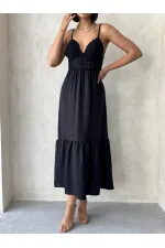 Robe longue Topshow en lin noir à bretelles et col en V, vente en gros