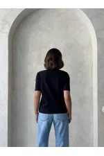 Çiçek Detaylı Tişört - Siyah | Topshow