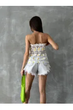 Daisy Patterned Wholesale Bustier - Cream | TOPSHOW