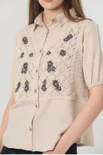Topshow Taş Yarım Kol Dantel Detaylı Toptan Gömlek