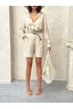 Kemer Detaylı Nakışlı Keten Şort - Taş | Topshow