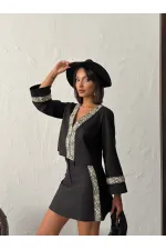 Topshow Stripe Detailed Scuba Suede Skirt - Black | F1974