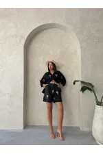 Kemer Detaylı Nakışlı Keten Şort - Siyah | Topshow